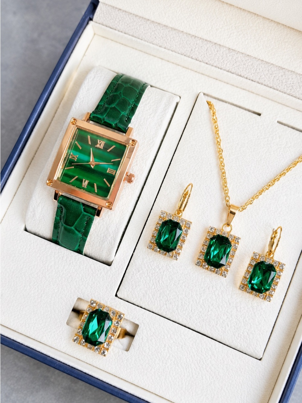 Green Gemstone Watch and Jewelry Set - Gold Tone